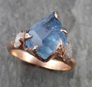 Raw Rough and partially Faceted Aquamarine Diamond 14k rose gold Multi stone Ring One Of a Kind Gemstone Ring Recycled gold 1074 - by Angeline