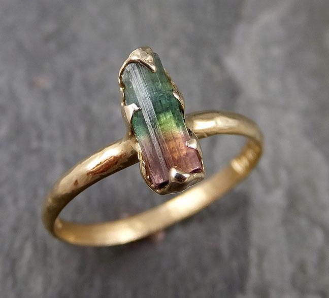 Tourmaline Raw Bi Color Pink Green 14k yellow Gold Engagement Ring One Of a Kind Gemstone Ring 1082 - by Angeline