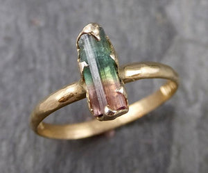 Tourmaline Raw Bi Color Pink Green 14k yellow Gold Engagement Ring One Of a Kind Gemstone Ring 1082 - by Angeline