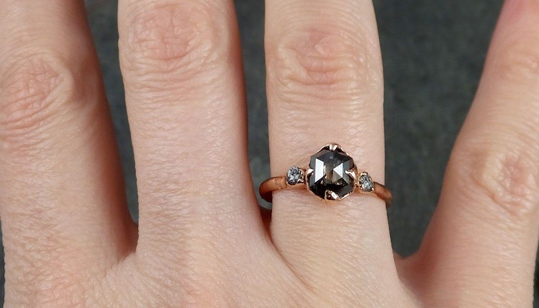 Fancy cut salt and pepper Diamond Engagement 14k Rose Gold Multi stone Wedding Ring Stacking Rough Diamond Ring byAngeline 1092 - by Angeline