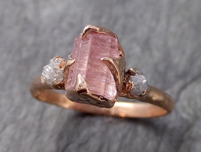 Raw Pink Tourmaline Diamond 14k Rose Gold Multi stone Engagement Ring Wedding Ring One Of a Kind Gemstone Ring Bespoke Three stone Ring 1097 - by Angeline