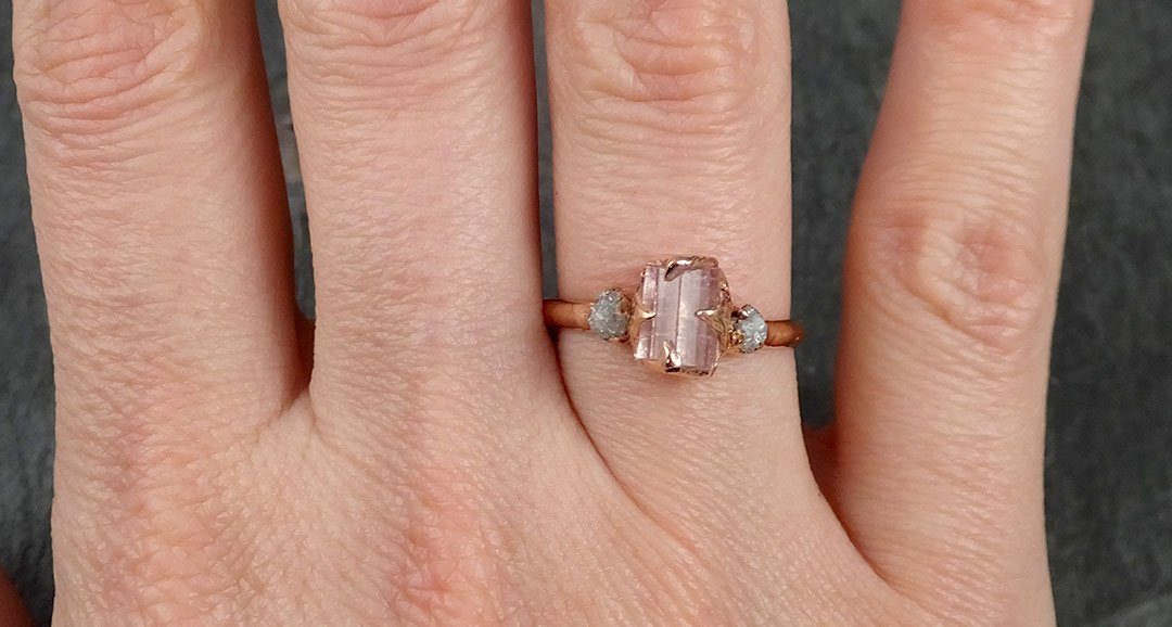 Raw Pink Tourmaline Diamond 14k Rose Gold Multi stone Engagement Ring Wedding Ring One Of a Kind Gemstone Ring Bespoke Three stone Ring 1097 - by Angeline