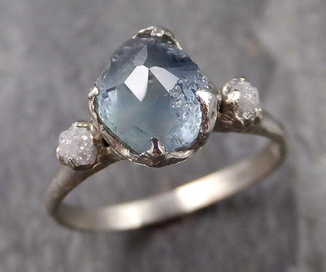 Partially faceted Montana Sapphire Diamond 14k White Gold Engagement Ring Wedding Ring Custom One Of a Kind blue Gemstone Ring Multi stone Ring 1108 - by Angeline