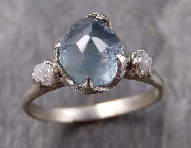 Partially faceted Montana Sapphire Diamond 14k White Gold Engagement Ring Wedding Ring Custom One Of a Kind blue Gemstone Ring Multi stone Ring 1108 - by Angeline