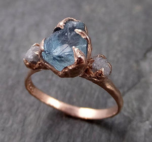 Aquamarine Diamond Raw Uncut rose 14k Gold Engagement Ring Multi stone Wedding Ring Custom One Of a Kind Gemstone Bespoke byAngeline 1119 - by Angeline
