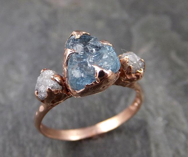 Aquamarine Diamond Raw Uncut rose 14k Gold Engagement Ring Multi stone Wedding Ring Custom One Of a Kind Gemstone Bespoke byAngeline 1120 - by Angeline