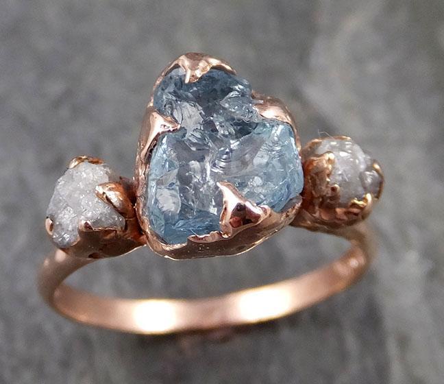 Aquamarine Diamond Raw Uncut rose 14k Gold Engagement Ring Multi stone Wedding Ring Custom One Of a Kind Gemstone Bespoke byAngeline 1120 - by Angeline