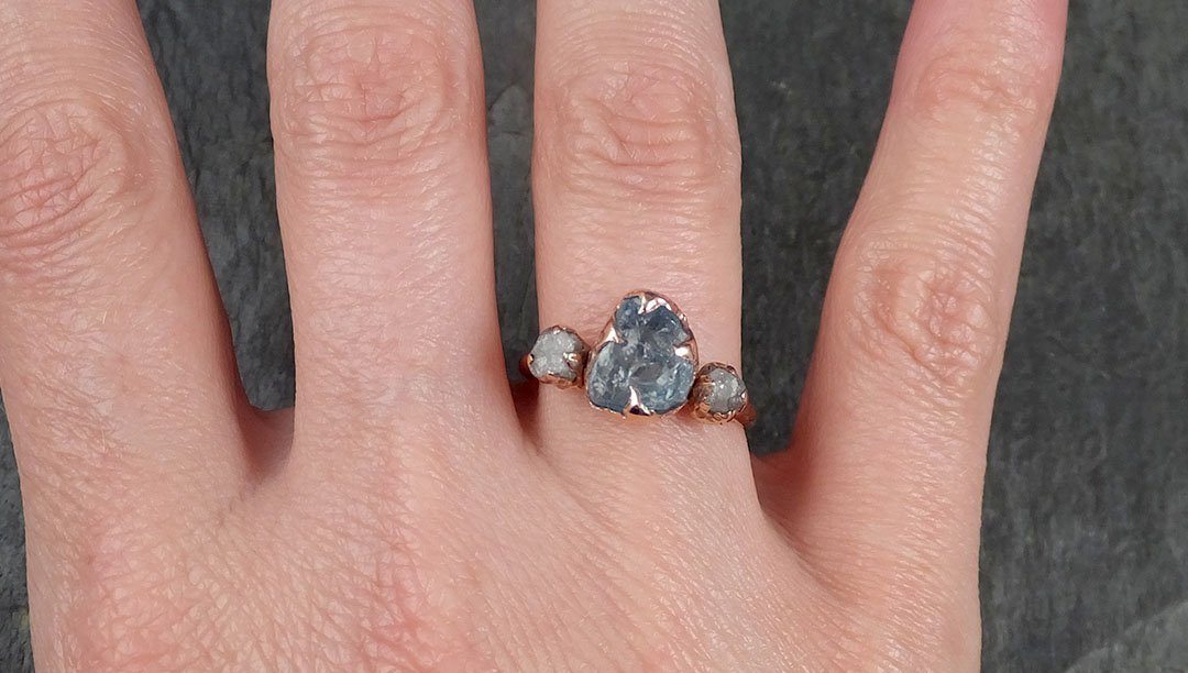 Aquamarine Diamond Raw Uncut rose 14k Gold Engagement Ring Multi stone Wedding Ring Custom One Of a Kind Gemstone Bespoke byAngeline 1120 - by Angeline