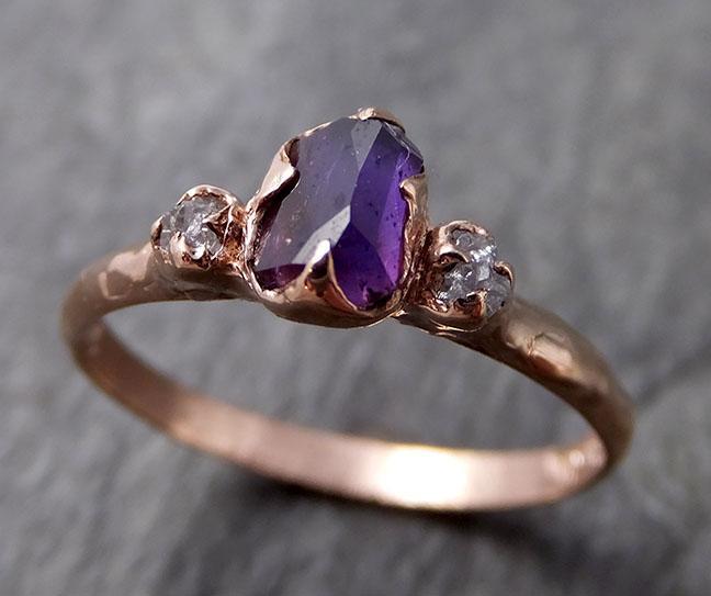 Partially faceted Raw Sapphire Diamond 14k rose Gold Dainty Engagement Ring Wedding Ring Custom One Of a Kind Gemstone Ring Three stone Ring 1122 - by Angeline