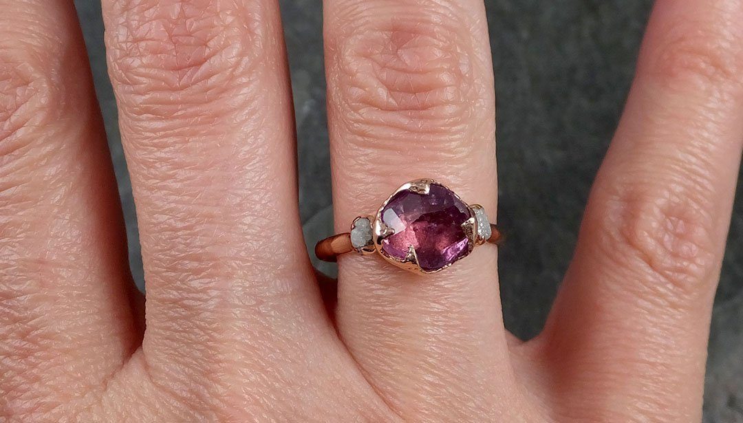 Sapphire Partially Faceted Multi stone Rough Diamond 14k rose Gold Engagement Ring Wedding Ring Custom One Of a Kind Gemstone Ring 1123 - by Angeline