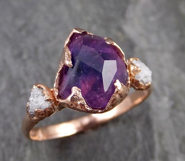 Sapphire Partially Faceted Multi stone Rough Diamond 14k rose Gold Engagement Ring Wedding Ring Custom One Of a Kind Gemstone Ring 1124 - by Angeline