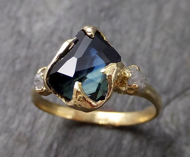 Partially faceted sapphire gemstone Raw Rough Diamond 18k Yellow Gold Engagement multi stone 1131 - by Angeline