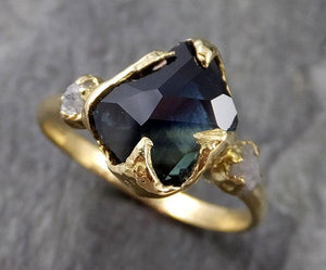 Partially faceted sapphire gemstone Raw Rough Diamond 18k Yellow Gold Engagement multi stone 1131 - by Angeline