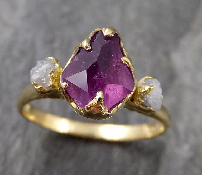 Partially faceted sapphire gemstone Raw Rough Diamond Ring 18k Yellow Gold Engagement multi stone 1132 - by Angeline
