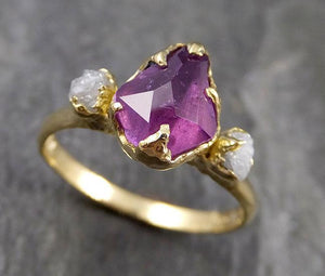 Partially faceted sapphire gemstone Raw Rough Diamond Ring 18k Yellow Gold Engagement multi stone 1132 - by Angeline