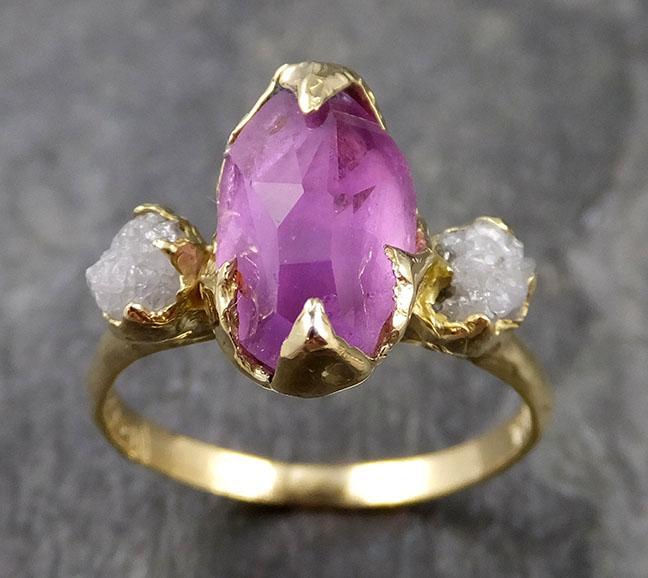 Partially faceted sapphire gemstone Raw Rough Diamond 18k Yellow Gold Engagement ring multi stone 1134 - by Angeline