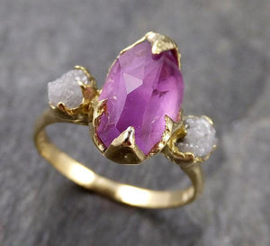 Partially faceted sapphire gemstone Raw Rough Diamond 18k Yellow Gold Engagement ring multi stone 1134 - by Angeline
