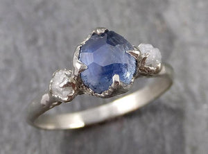 Partially faceted Montana Sapphire Diamond 14k White Gold Engagement Ring Wedding Ring Custom One Of a Kind blue Gemstone Ring Multi stone Ring 1141 - by Angeline