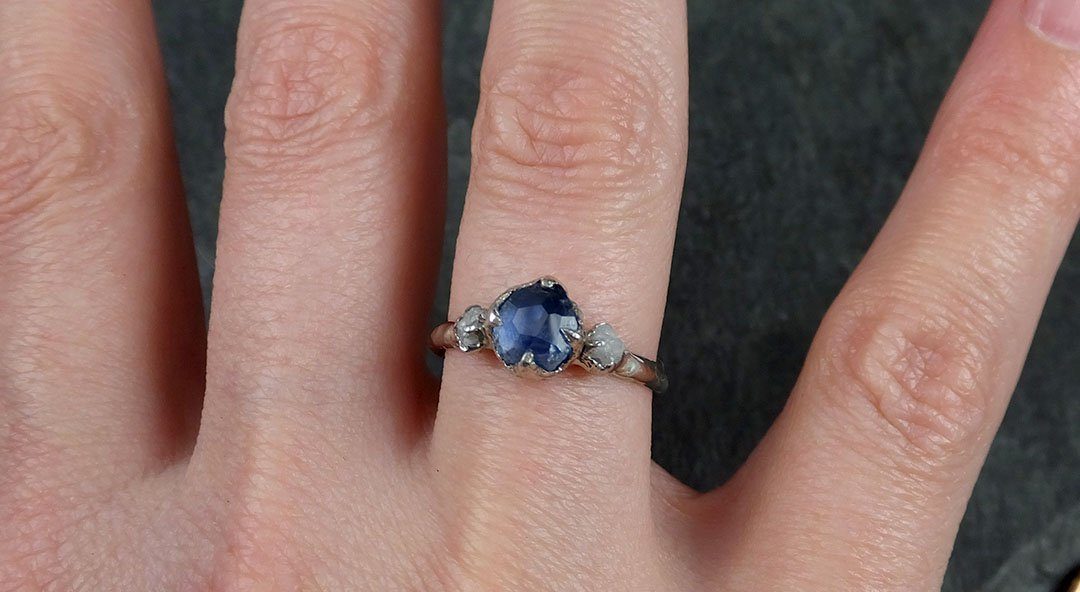 Partially faceted Montana Sapphire Diamond 14k White Gold Engagement Ring Wedding Ring Custom One Of a Kind blue Gemstone Ring Multi stone Ring 1141 - by Angeline