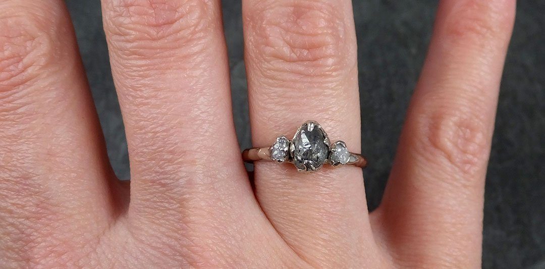 Fancy cut salt and pepper Diamond Multi stone Engagement 14k White Gold Wedding Ring Rough Diamond Ring byAngeline 1142 - by Angeline