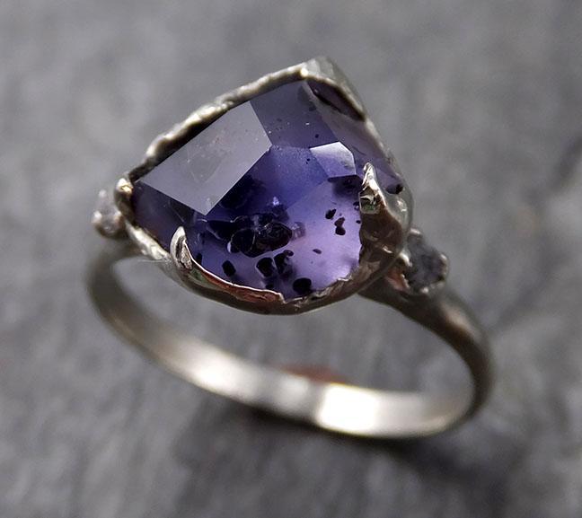 Partially faceted Sapphire Raw Diamond 14k white Gold Engagement Ring Wedding Ring Custom One Of a Kind Gemstone Ring Three stone Ring 1146 - by Angeline