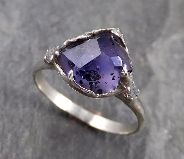 Partially faceted Sapphire Raw Diamond 14k white Gold Engagement Ring Wedding Ring Custom One Of a Kind Gemstone Ring Three stone Ring 1146 - by Angeline