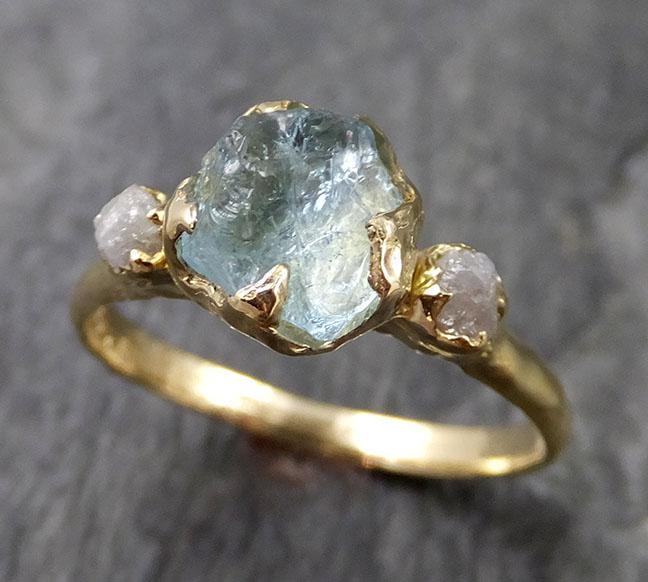 Raw Uncut Aquamarine Diamond Gold Engagement Ring Wedding 18k Ring Custom One Of a Kind Gemstone Bespoke Three stone Ring 1151 - by Angeline