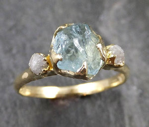 Raw Uncut Aquamarine Diamond Gold Engagement Ring Wedding 18k Ring Custom One Of a Kind Gemstone Bespoke Three stone Ring 1151 - by Angeline