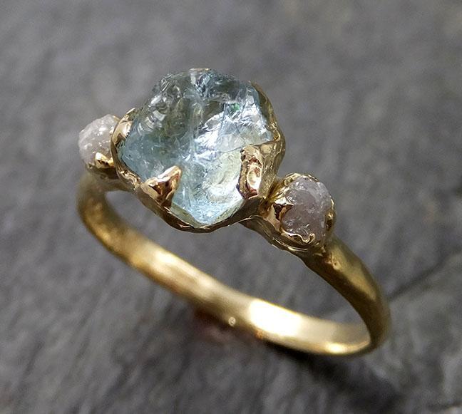 Raw Uncut Aquamarine Diamond Gold Engagement Ring Wedding 18k Ring Custom One Of a Kind Gemstone Bespoke Three stone Ring 1151 - by Angeline