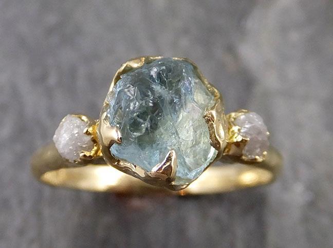 Raw Uncut Aquamarine Diamond Gold Engagement Ring Wedding 18k Ring Custom One Of a Kind Gemstone Bespoke Three stone Ring 1151 - by Angeline