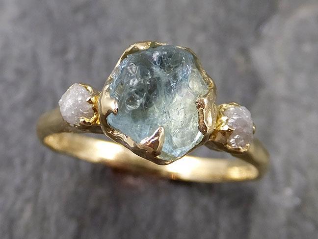 Raw Uncut Aquamarine Diamond Gold Engagement Ring Wedding 18k Ring Custom One Of a Kind Gemstone Bespoke Three stone Ring 1151 - by Angeline