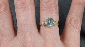 Raw Uncut Aquamarine Diamond Gold Engagement Ring Wedding 18k Ring Custom One Of a Kind Gemstone Bespoke Three stone Ring 1151 - by Angeline