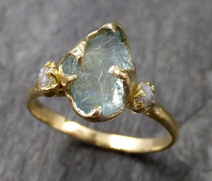 Raw Uncut Aquamarine Diamond Gold Engagement Ring Wedding 18k Ring Custom One Of a Kind Gemstone Bespoke Three stone Ring 1152 - by Angeline