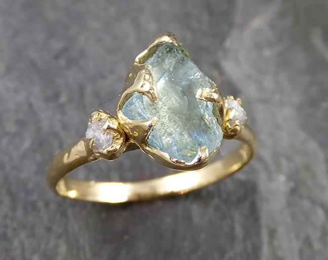 Raw Uncut Aquamarine Diamond Gold Engagement Ring Wedding 18k Ring Custom One Of a Kind Gemstone Bespoke Three stone Ring 1152 - by Angeline