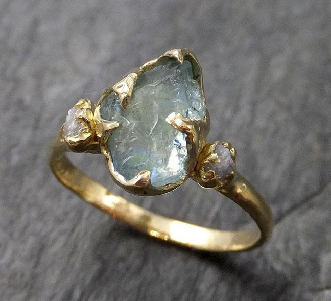 Raw Uncut Aquamarine Diamond Gold Engagement Ring Wedding 18k Ring Custom One Of a Kind Gemstone Bespoke Three stone Ring 1152 - by Angeline