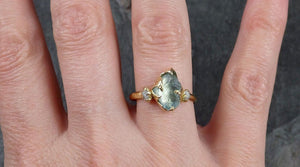 Raw Uncut Aquamarine Diamond Gold Engagement Ring Wedding 18k Ring Custom One Of a Kind Gemstone Bespoke Three stone Ring 1152 - by Angeline