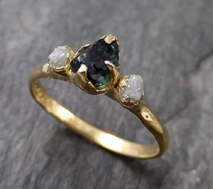Raw Garnet Diamond 18k Gold Engagement Ring Multi stone Wedding Ring Custom One Of a Kind blue Gemstone Ring 1154 - by Angeline