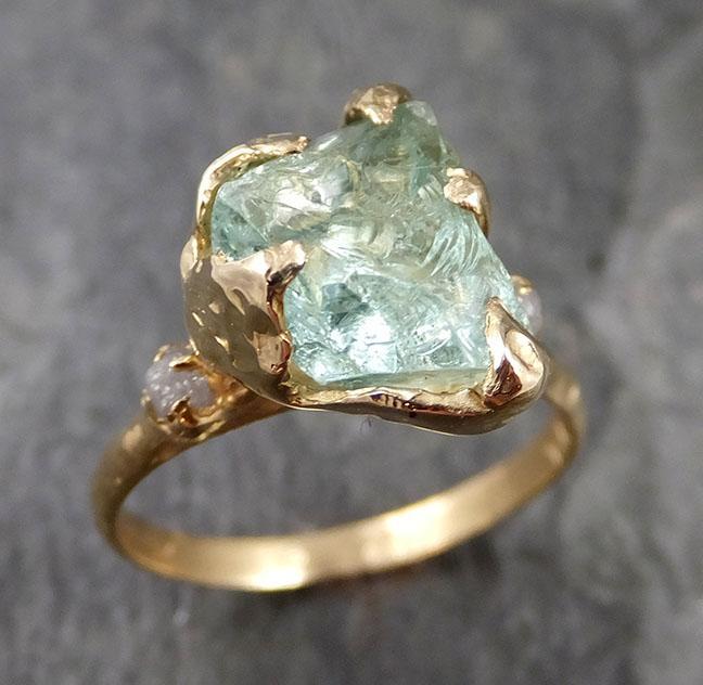 Raw Uncut Aquamarine Diamond yellow Gold Engagement Ring Multi stone Wedding 14k Ring Custom One Of a Kind Gemstone Bespoke Three stone Ring byAngeline 1165 - by Angeline
