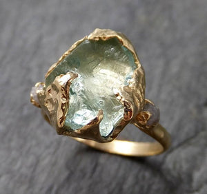 Raw Uncut Aquamarine Diamond yellow Gold Engagement Ring Multi stone Wedding 14k Ring Custom One Of a Kind Gemstone Bespoke Three stone Ring byAngeline 1166 - by Angeline