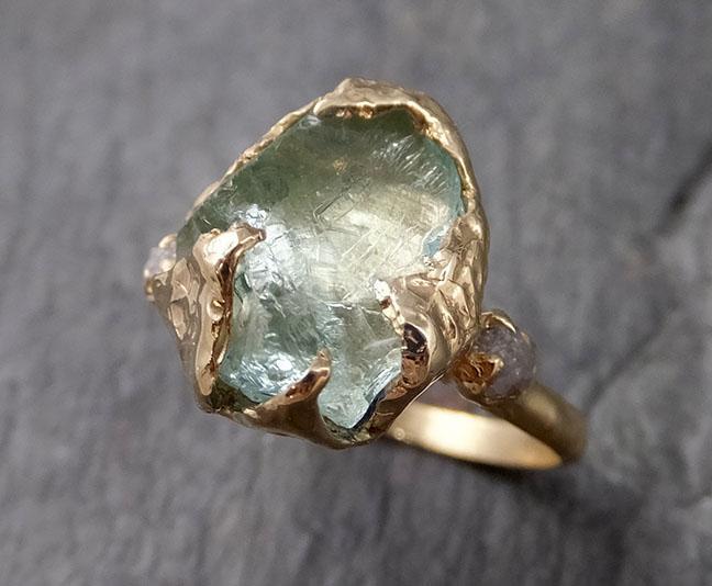 Raw Uncut Aquamarine Diamond yellow Gold Engagement Ring Multi stone Wedding 14k Ring Custom One Of a Kind Gemstone Bespoke Three stone Ring byAngeline 1166 - by Angeline