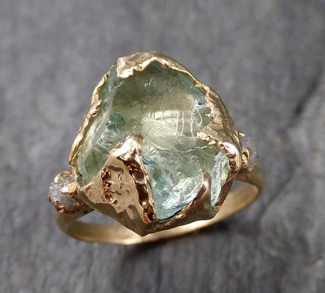 Raw Uncut Aquamarine Diamond yellow Gold Engagement Ring Multi stone Wedding 14k Ring Custom One Of a Kind Gemstone Bespoke Three stone Ring byAngeline 1166 - by Angeline