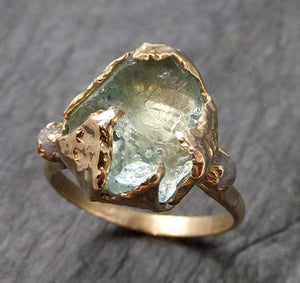 Raw Uncut Aquamarine Diamond yellow Gold Engagement Ring Multi stone Wedding 14k Ring Custom One Of a Kind Gemstone Bespoke Three stone Ring byAngeline 1166 - by Angeline