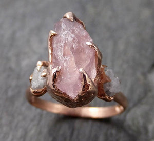 Morganite Diamond Raw Uncut rose 14k Gold Engagement Ring Multi stone Wedding Ring Custom One Of a Kind Gemstone Bespoke byAngeline 1167 - by Angeline