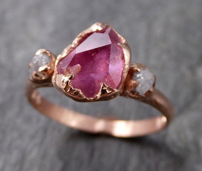 Partially Faceted Sapphire Raw Multi stone Rough Diamond 14k rose Gold Engagement Ring Wedding Ring Custom One Of a Kind Gemstone Ring Three stone 1170 - by Angeline