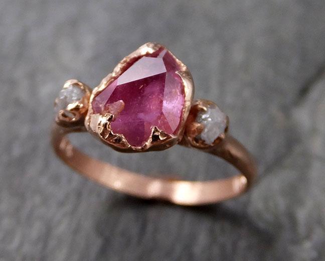 Partially Faceted Sapphire Raw Multi stone Rough Diamond 14k rose Gold Engagement Ring Wedding Ring Custom One Of a Kind Gemstone Ring Three stone 1170 - by Angeline