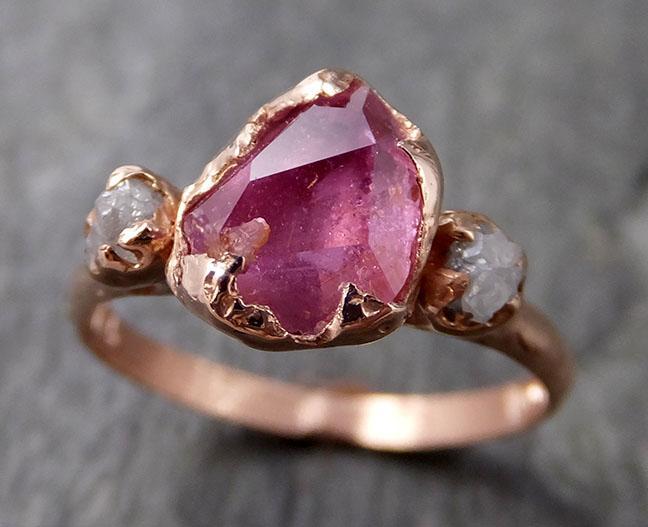 Partially Faceted Sapphire Raw Multi stone Rough Diamond 14k rose Gold Engagement Ring Wedding Ring Custom One Of a Kind Gemstone Ring Three stone 1170 - by Angeline