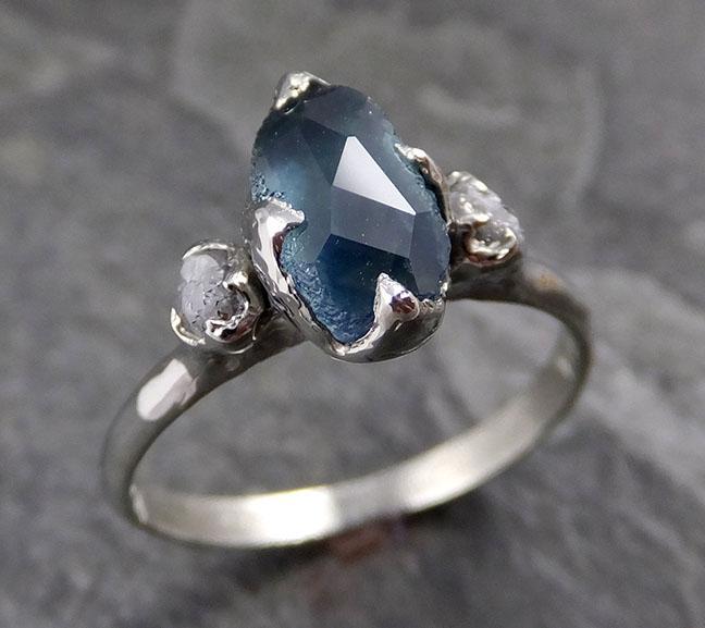 Partially faceted Montana Sapphire Diamond 18k White Gold Engagement Ring Wedding Ring Custom One Of a Kind blue Gemstone Ring Multi stone Ring 1171 - by Angeline