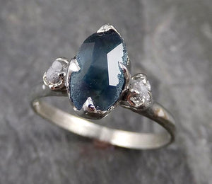 Partially faceted Montana Sapphire Diamond 18k White Gold Engagement Ring Wedding Ring Custom One Of a Kind blue Gemstone Ring Multi stone Ring 1171 - by Angeline