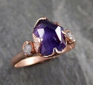 Partially Faceted ultraviolet Sapphire Raw Multi stone Rough Diamond 14k rose Gold Engagement Ring Wedding Ring Custom One Of a Kind Gemstone Ring Three stone 1172 - by Angeline