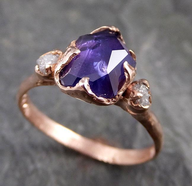 Partially Faceted ultraviolet Sapphire Raw Multi stone Rough Diamond 14k rose Gold Engagement Ring Wedding Ring Custom One Of a Kind Gemstone Ring Three stone 1172 - by Angeline